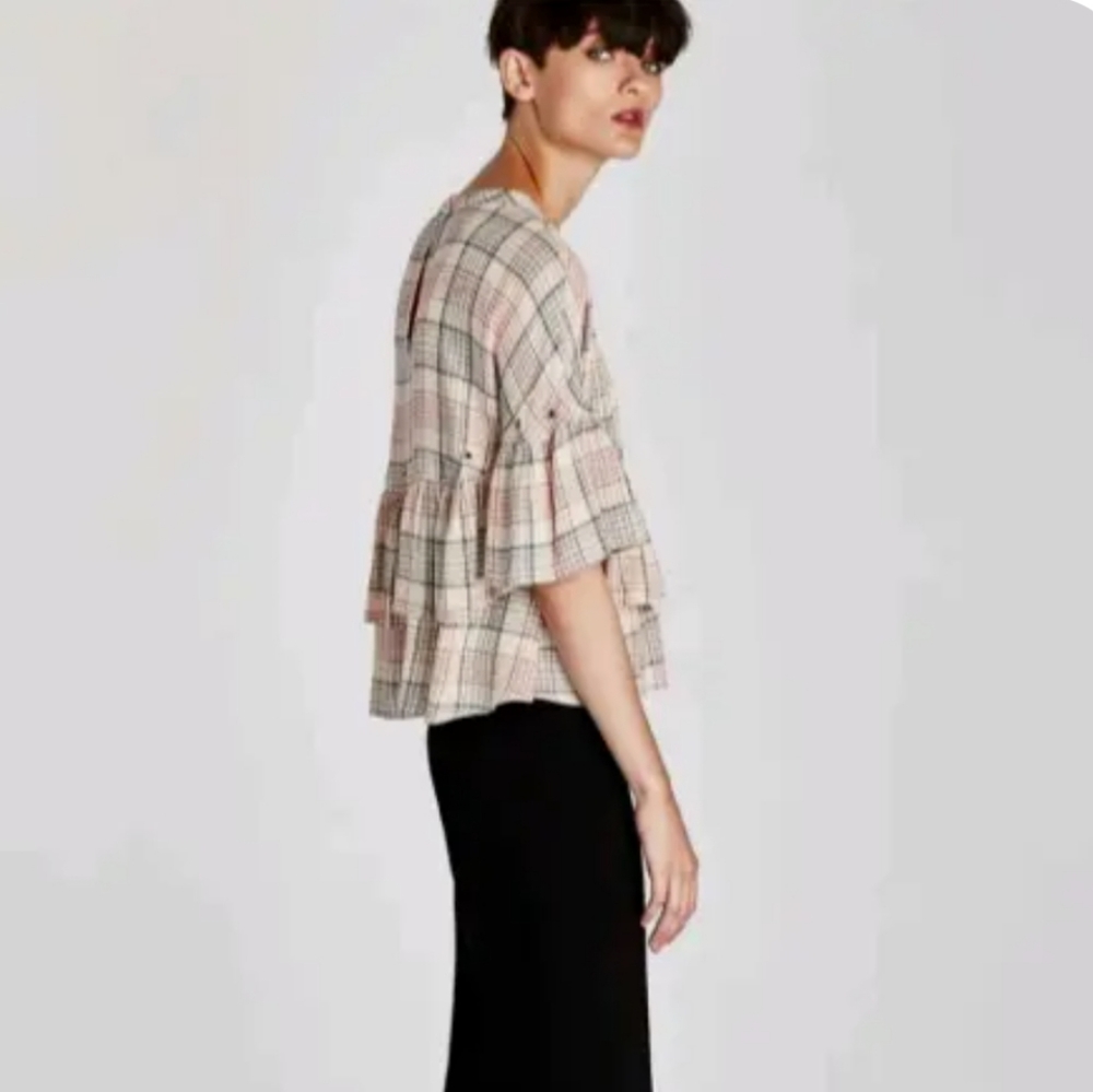 Zara Plaid Ruffle Sleeve Top - Beige and Black